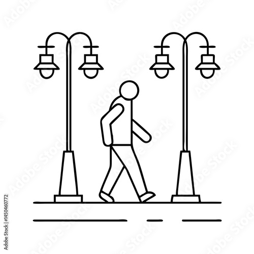 walking under streetlights icon, walking under streetlights line art - simple line art of walking under streetlights, perfect for walking under streetlights logos and icons