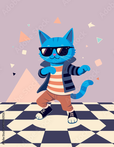 Cool Cat in Shades: A blue cat, decked out in stylish sunglasses and a cool outfit, confidently strikes a pose, conveying an attitude of effortless chic.