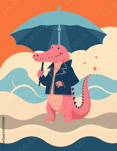 Cool Crocodile's Chic: A stylish crocodile, embodying charm, stands regally, shielded from the rain under a light blue umbrella.  This illustration has playful charm.
