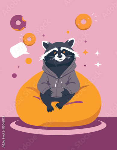 Playful Raccoon's Delightful Daydream: A cute raccoon sits comfortably on a beanbag, its mind wandering as it envisions sweet treats, a charming representation of imagination.