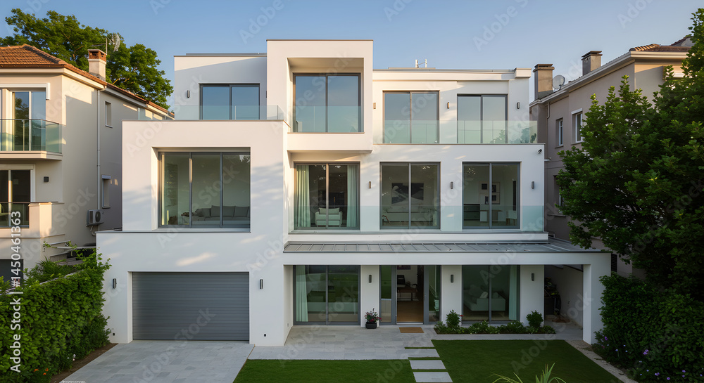 Fototapeta premium Modern Residence Showcase Exterior White Stucco Three Story Home Architecture