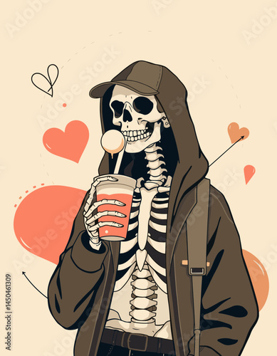 "Skeleton Drinking Beverage with Love: A quirky skeleton enjoying a refreshing beverage, embracing the theme of love with a playful and unique twist."