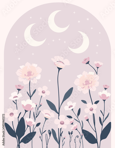 Dreamy floral fantasy: Delicate floral arrangement under the three moons, evoking a sense of whimsy and serene beauty. Delicate petals dance beneath a soft moonlit sky.