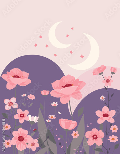 Floral Serenity: A serene scene where delicate pink flowers bloom under a soft pastel sky, with gentle hills and moonlit night, evoking a sense of peace and natural beauty.