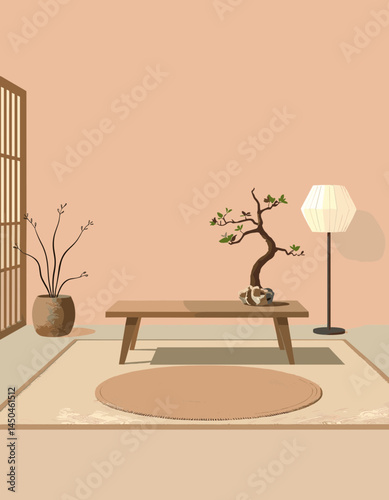 Minimalist Zen Interior: A serene interior space exudes tranquility, featuring a low wooden table, a bonsai tree, a paper lantern, a woven mat, and an artistic flair. Evoking a sense of peace.
