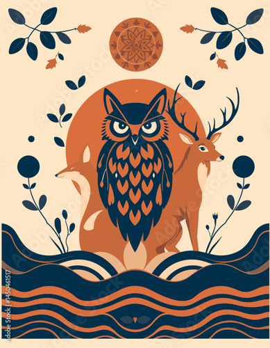 Forest Spirit Trio: A stylized illustration featuring a majestic owl, a graceful deer, and a cunning fox, set against a backdrop of swirling floral patterns and a mystical sun.  
