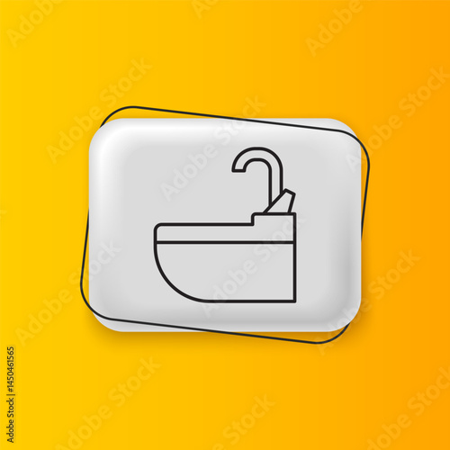Black Washbasin with water tap icon isolated on yellow background. Silver rectangle button. Vector
