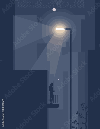 Solitary Contemplation: A figure stands alone on a balcony, gazing at the night, under a radiant street lamp in a quiet urban landscape, filled with introspection and a sense of solitude.