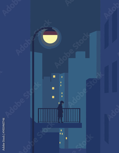 City Silhouette at Twilight: A solitary figure stands on a balcony, gazing out at a city bathed in the cool hues of twilight. The scene evokes feelings of introspection and solitude.