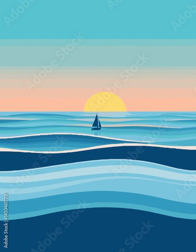 Sunset Sailboat: Serene ocean landscape at sunset, featuring a small sailboat on calm waves, minimalist art style. 