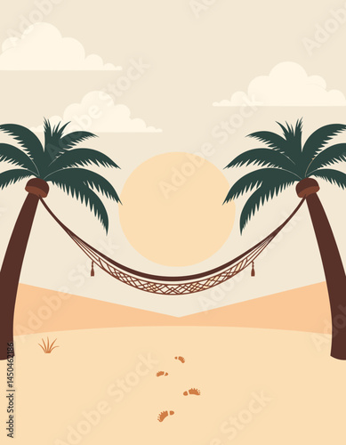 Tropical Hammock Serenity: A tranquil hammock hangs between two palm trees on a sandy beach, bathed in the warm glow of the setting sun. Footprints lead towards the hammock.