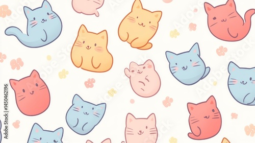 Cute, colorful cat pattern design with pastel hues.