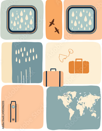 Travel Mosaic: A whimsical illustration depicting travel essentials, symbolizing the journey of exploration and wanderlust.