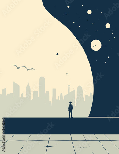 Urban Contemplation: A silhouette of person gazes out at a tranquil cityscape at the transition of day and night, symbolizing introspection and solitude, with birds flying overhead.
