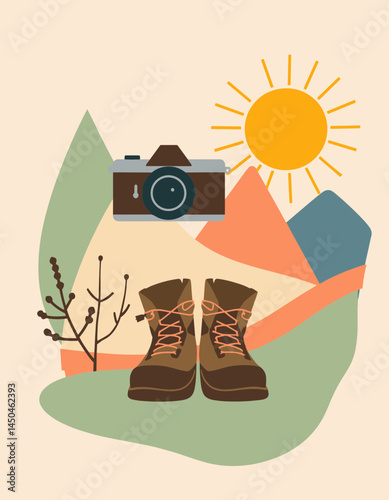Adventure Essentials: A whimsical illustration of the great outdoors featuring hiking boots, a vintage camera, the sun, and stylized mountains, evoking a sense of wanderlust and exploration.