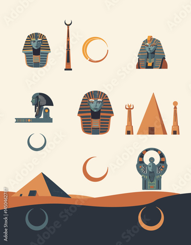 Ancient Egyptian Legacy: A vibrant illustration showcases iconic symbols of ancient Egypt, including pharaoh busts, a pyramid, and other cultural elements in a bold and symbolic design.