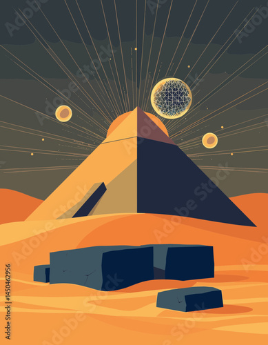 Mysterious Pyramid in Desert: A striking illustration presents a pyramid structure bathed in the warm light of a desert setting with abstract celestial elements.