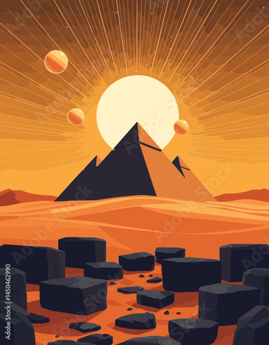 Golden Horizon: A stylized illustration of the pyramids bathed in the sun's radiant glow, evoking a sense of mystery and history, set against an expansive landscape.
