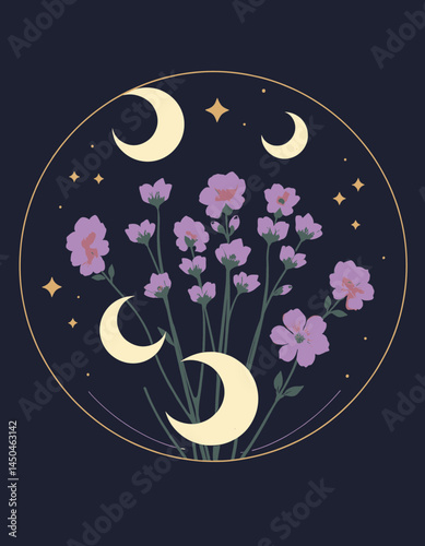 Moonlit Floral Emblem: An ethereal circular illustration unveils a cluster of blossoming flowers gracefully set against a backdrop of a moonlit night, evoking a sense of enchantment and serenity.