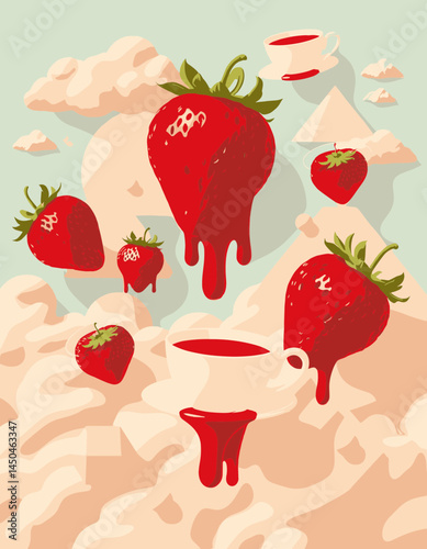 Strawberry Dreamscape: A captivating, surreal illustration showcases a vibrant composition of ripe strawberries and surreal elements, creating a dreamy, eye-catching visual.