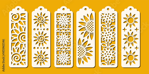 Set of summer vertical bookmarks with sunflower pattern. Laser cut template. Decorative floral bookmark stencil for paper, wood and metal cutting. Vector design with flowers