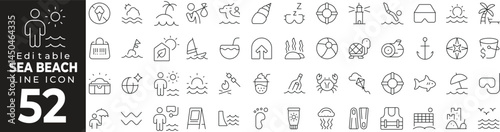 Sea Beach & Ocean Icon Set: A Line Icon Collection Featuring Waves, Sand, Sun, Ocean Life, Beach Activities, and More