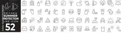 Summer Protection Icon Set: A Line Icon Collection Featuring Sunscreen, Beach, Health, Safety, UV Protection, and More