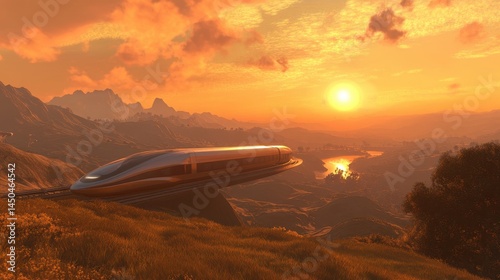 Wallpaper Mural Futuristic Train at Sunset Over Mountains and River Landscape Torontodigital.ca