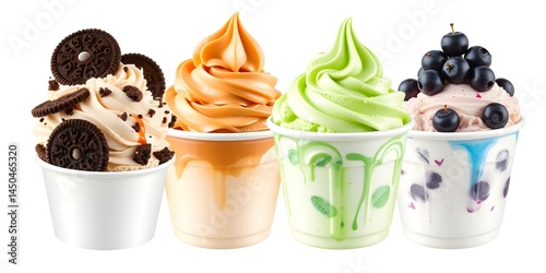 Froyo Delight: A tantalizing array of four froyo cups, each boasting a distinct flavor and topping, beckoning with a symphony of sweet and refreshing tastes.