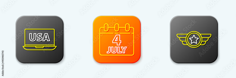 Set line USA on laptop, Calendar with date July 4 and Star American military icon. Vector Set line USA on laptop, Calendar with date July 4 and Star American military icon. Vector