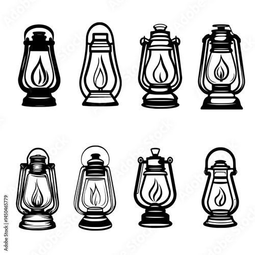 A minimalist black and white logo of a vintage kerosene camping lantern, with a glass chamber, handle, and flame inside. Subtle pastel shading evokes the charm of outdoor nights, set on a white backgr