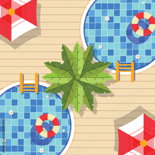 Two Circular Swimming Pool Top View Illustration