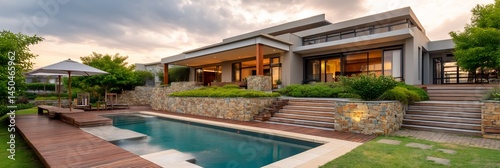 Modern home with pool and landscaping at sunset, ideal for real estate or design inspiration