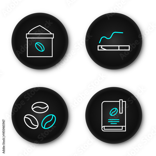 Set line Coffee book, beans, Cigarette and Bag coffee icon. Vector
