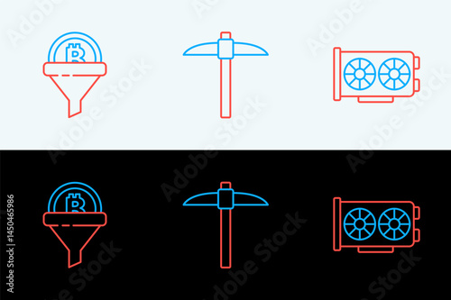 Set line Video graphic card, Sales funnel with bitcoin and Pickaxe icon. Vector