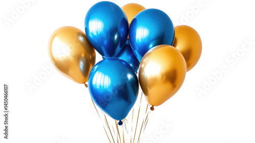 golden yellow and blue party balloons secluded on a transparent surface, cut out