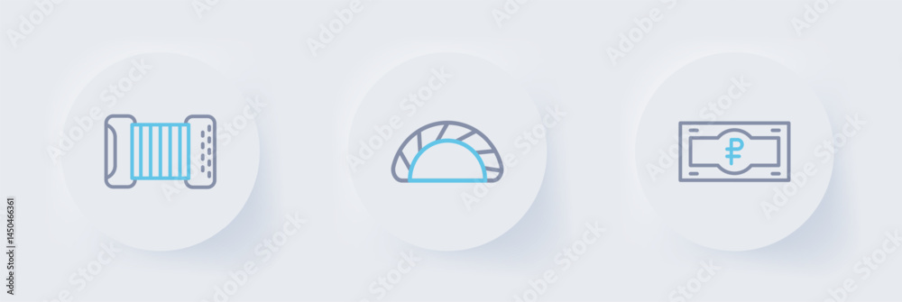 Set line Russian ruble banknote, Dumpling and Accordion icon. Vector Set line Russian ruble banknote, Dumpling and Accordion icon. Vector