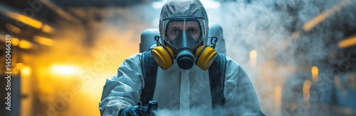 Pest control expert in protective suit spraying chemical mist in industrial basement
