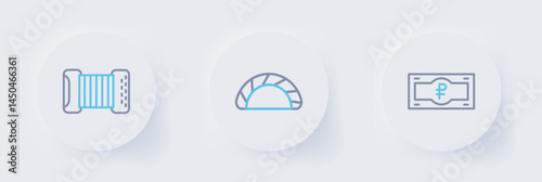 Set line Russian ruble banknote, Dumpling and Accordion icon. Vector