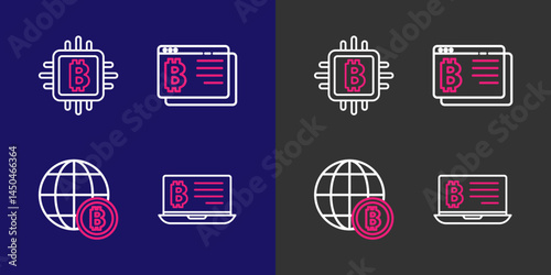 Set line Mining bitcoin from laptop, Globe Bitcoin, browser and CPU mining farm icon. Vector