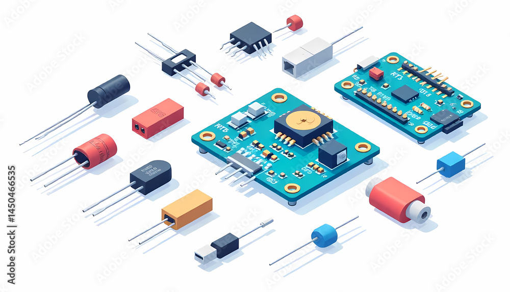 Fototapeta premium A collection of electronic components and circuit boards arranged on a white surface.