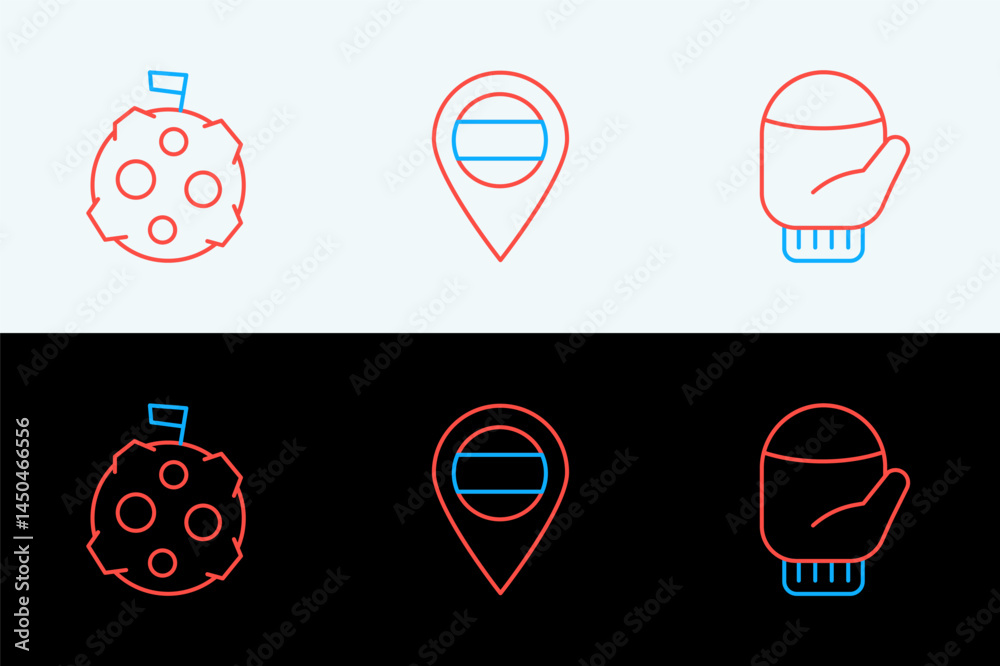 Set line Christmas mitten, Moon with flag and Location Russia icon. Vector