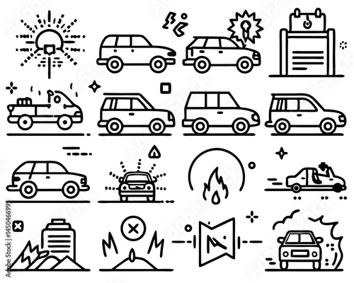 Car Accident and Emergency Line Icons – Vector Set