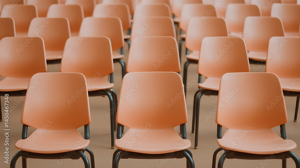 Fototapeta premium Rows of empty seats in an event space. The chairs are peach colored and have black metal legs. The chairs are organized in neat rows.