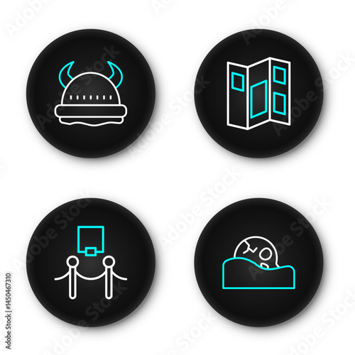 Set line Human skull, Picture and rope barrier, Museum guide brochure and Viking in horned helmet icon. Vector