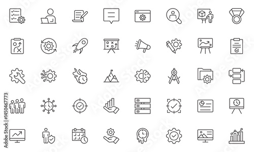 Line icons about project management. Contains such icons as workflow, task, to do list, timeline and deadline. Editable stroke