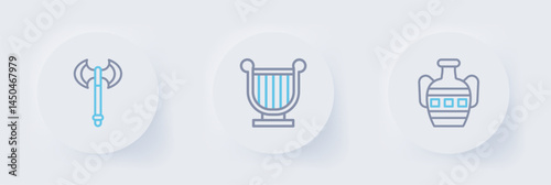 Set line Ancient amphorae, lyre and Medieval axe icon. Vector
