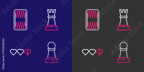 Set line Chess, Hearts for game, and Backgammon board icon. Vector