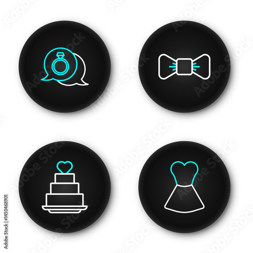 Set line Woman dress, Wedding cake with heart, Bow tie and Diamond engagement ring icon. Vector