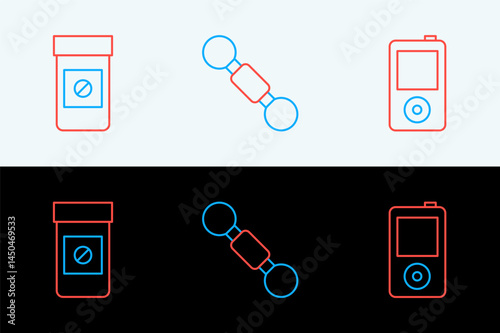 Set line Music player, Anabolic drugs and Dumbbell icon. Vector